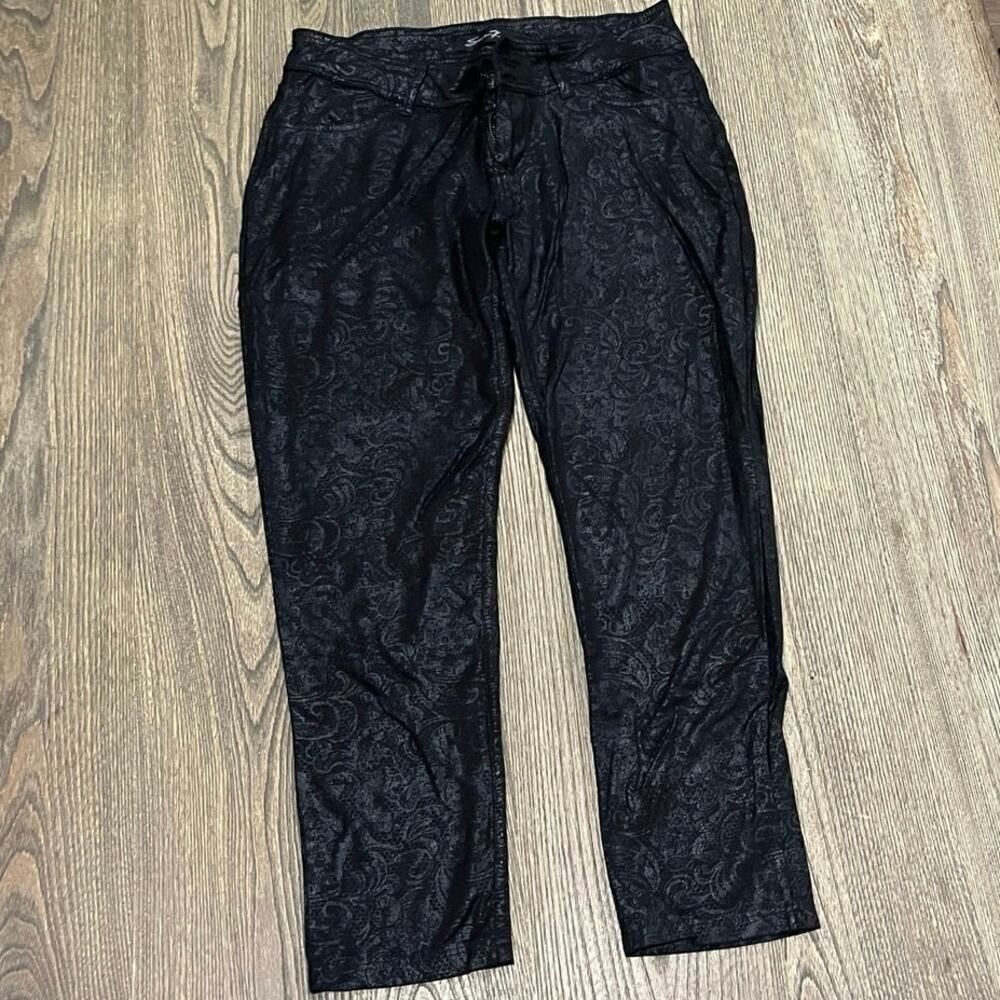 Seven7 Baroque Skinny Pants Mid-Rise Faux Leather Floral Preppy Black Size 8